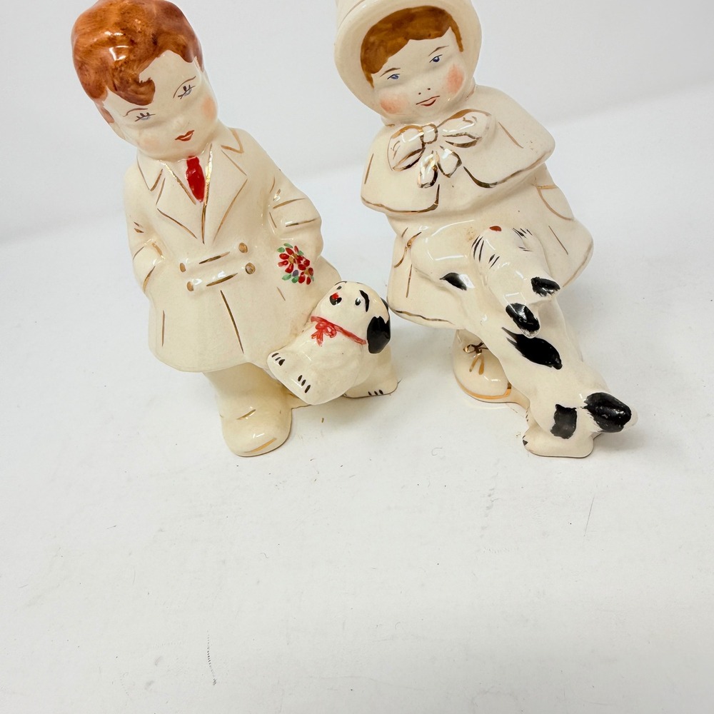 Vintage Knox Imperial Pottery Victorian Boy w/cat Girl w/ Dog Figurines